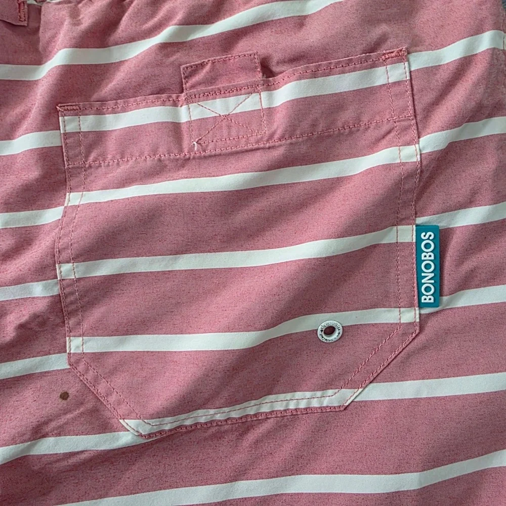 Bonobos Mens Striped Swim Trunks Pink White Drawstring Mesh Lining Small 16426